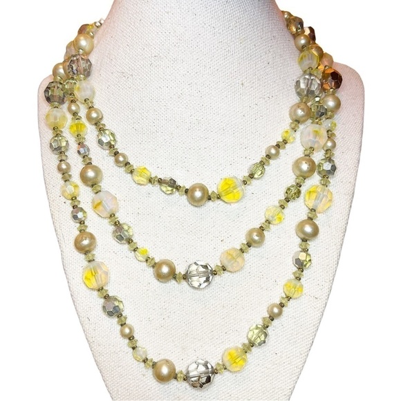 Vendome Yellow & Grey Aurora Borealis Crystal & Pearl Beaded Long Wrap Necklace - Picture 2 of 10